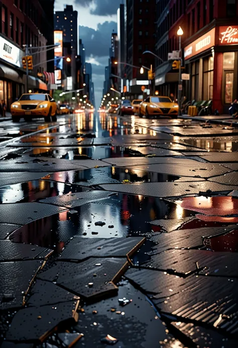 A New York street at night, after a superhero battle, with damaged buildings, debris and rubble on the cracked asphalt, looking ...