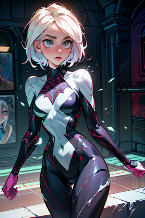 SPIDER GWEN, organic-looking clothing, symbiote, eyes, fine art, PS5 cinematic screenshot, detailed highly detailed cinematic re...