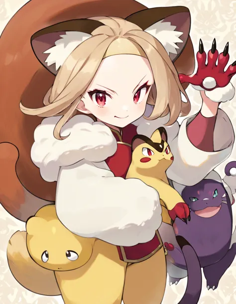 persian \(pokemon\), pokemon \(creature\), beige fur, claws, red eyes, whiskers, cat, red forehead jewel, tail, slit pupils