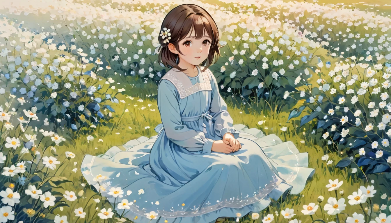 茶色の髪の小さな女の子, 茶色の目, 青い長袖ドレス, 白い花畑に座っている, パステルカラー,