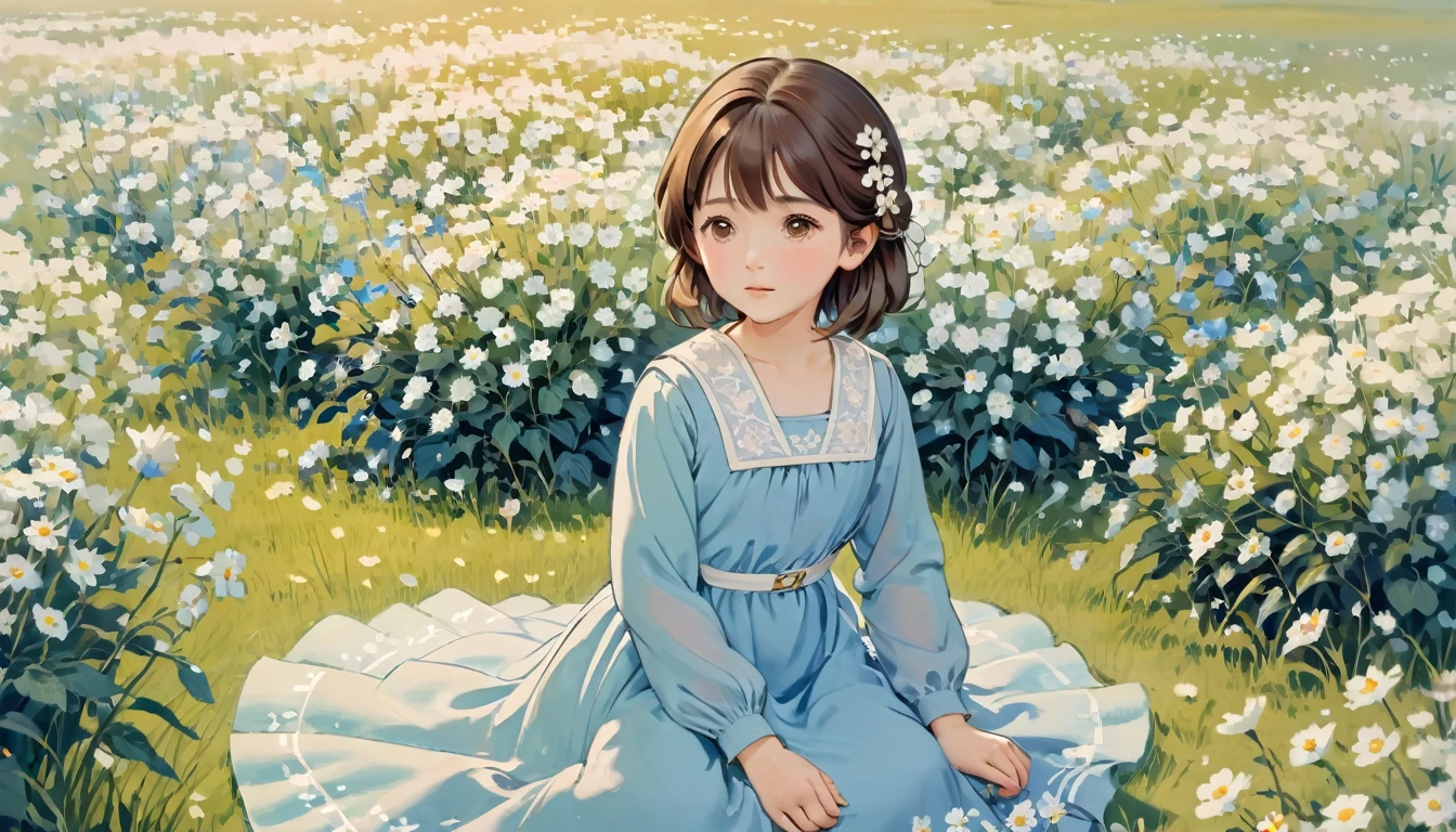 茶色の髪の小さな女の子, 茶色の目, 青い長袖ドレス, 白い花畑に座っている, パステルカラー,