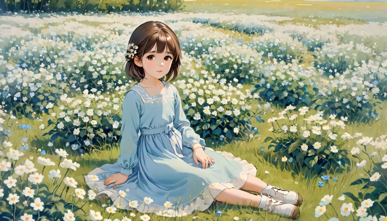 ein kleines Mädchen mit braunen Haaren, braune Augen, blaues langärmliges Kleid, auf einem Feld voller weißer Blumen sitzen, Pastellfarben,