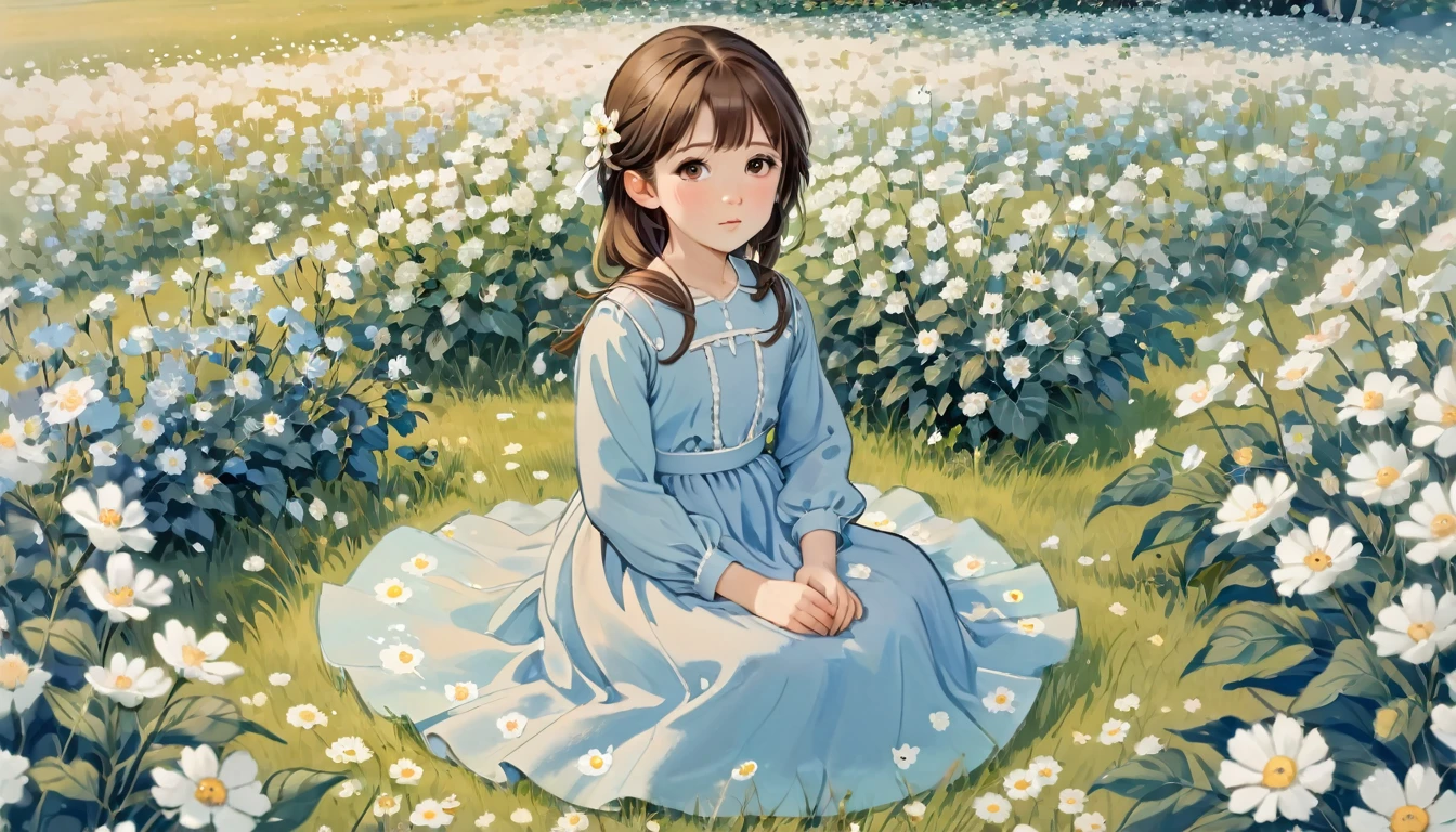 茶色の髪の小さな女の子, 茶色の目, 青い長袖ドレス, 白い花畑に座っている, パステルカラー,