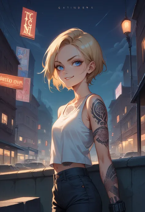 young girl short hair, blond hair, high faux hawk haircut, blue eyes, tattoed arm with thunders, black thunder tattoos, tank top...