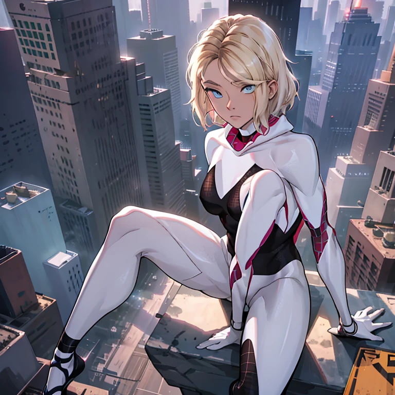 Gwen Stacy as Spider Gwen, sitting on rooftop, overlooking New York City, legs spread.