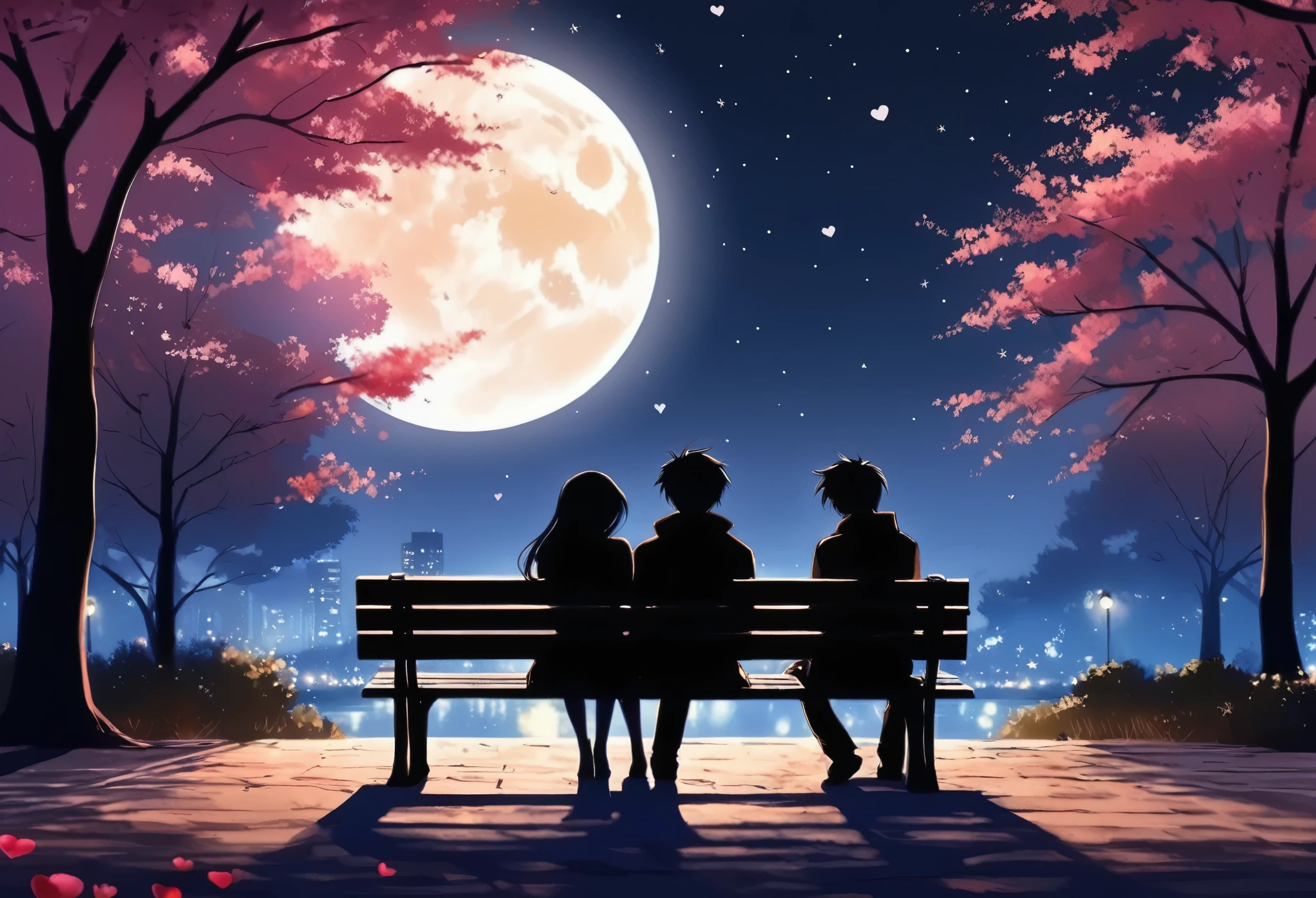 Back view, Anime style, a couple sitting on a bench in the park, at night, (Valentine mood :1.2), full moon, heart-shaped shadow on the moon