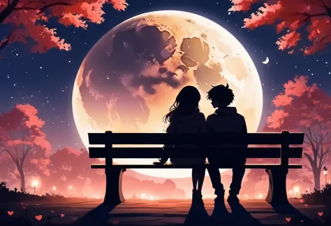 Back view, Anime style, a couple sitting on a bench in the park, at night, (Valentine mood :1.2), full moon, heart-shaped shadow...