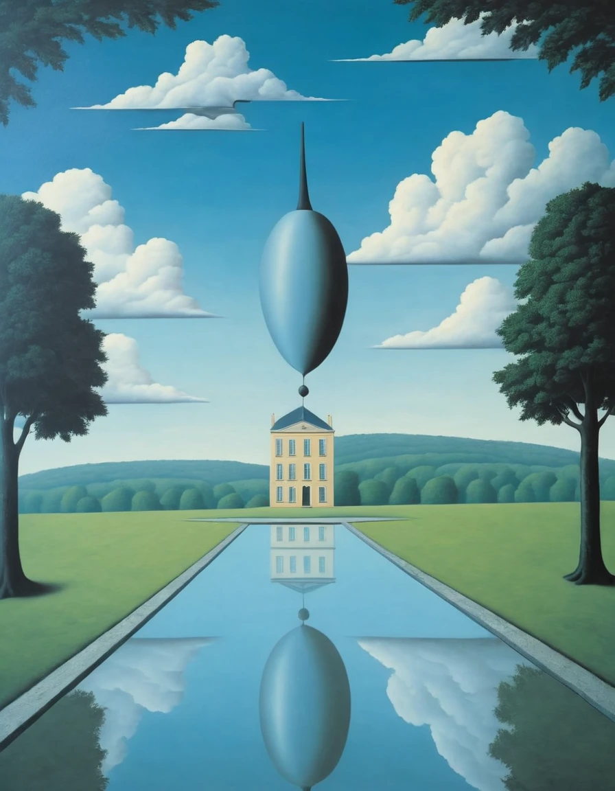 
in the style of René Magritte, René Magritte style, René Magritte art, (par Martin Client:0.9) , art conceptuel, amazing  , building in the background, des arbres, Ouragan, Fairy tale, F/1.8, lignes nettes, surrealist existentialism, surreal painting, surreal painting, surreal painting