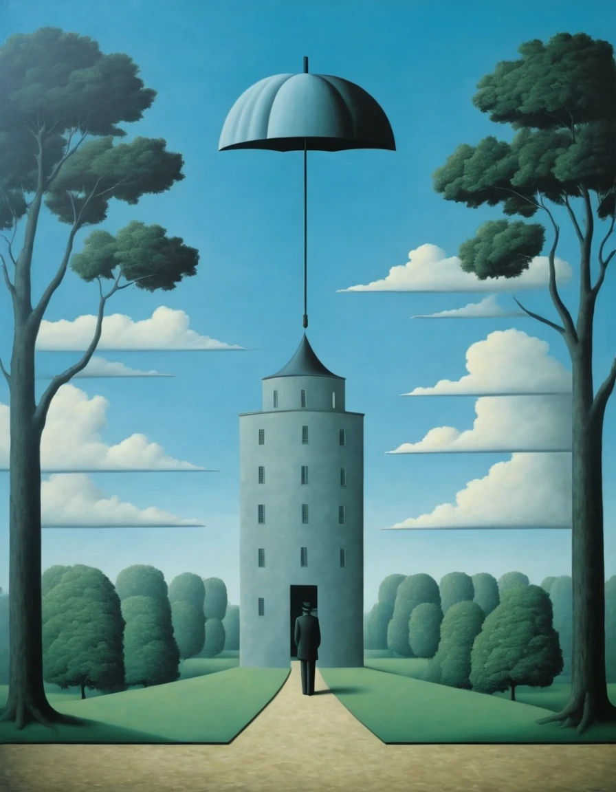 
in the style of René Magritte, René Magritte style, René Magritte art, (par Martin Client:0.9) , art conceptuel, amazing  , building in the background, des arbres, Ouragan, Fairy tale, F/1.8, lignes nettes, surrealist existentialism, surreal painting, surreal painting, surreal painting