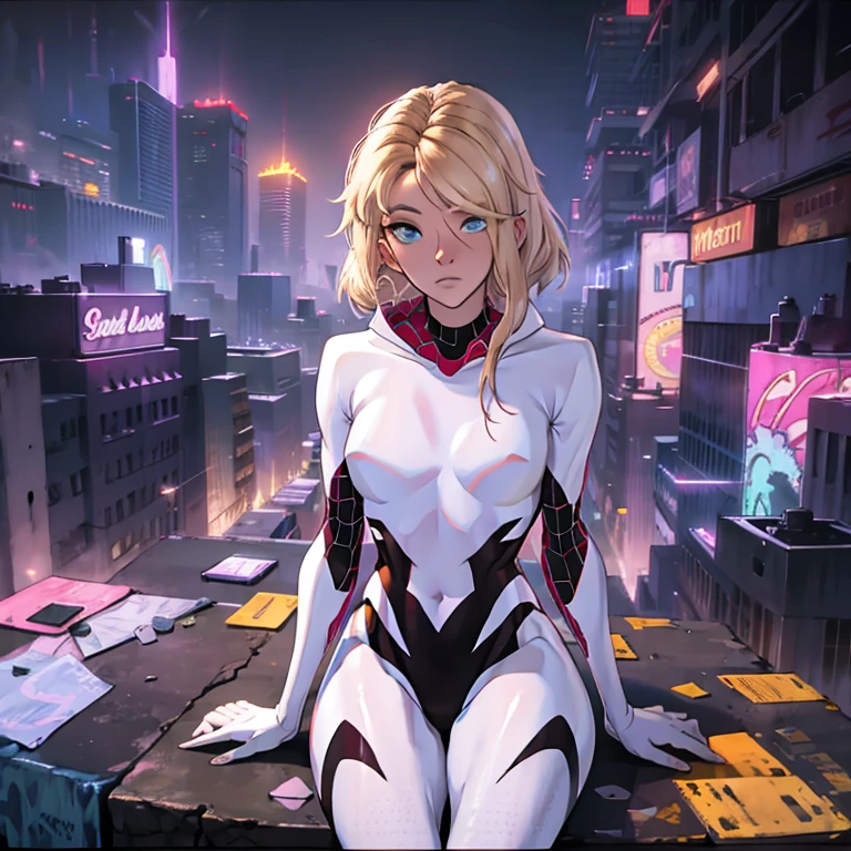 (high quality, detailed, absurdres, high resolution, masterpiece, beautiful), detailed soft lighting, Gwen Stacy as Spider Gwen, sitting on edge of rooftop, New York City, cameltoe, moonlit night.