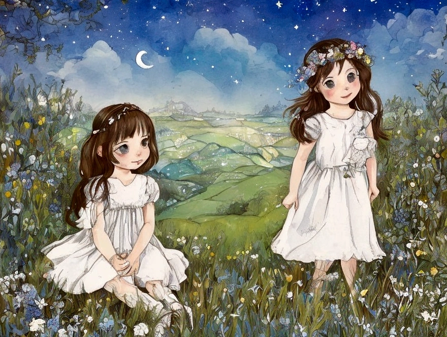 a small girl with brown hair, brown eyes, blue long-sleeved dress, sitting in a field of white flowers, pastel colors, I want the illustrations to have a similar style to the 'Little Twin Stars.' This means that the characters must be adorable and cute, with soft, rounded features. Use a pastel color palette, with lots of pinks, light blues, pale yellows and lilacs. Illustrations should have a dreamy and enchanting look, with delicate details such as stars, fluffy clouds and celestial elements. The characters' expressions should be sweet and innocent, conveying a feeling of purity and joy. The scenes must have a touch of magic and fantasy, with a warm and welcoming atmosphere.