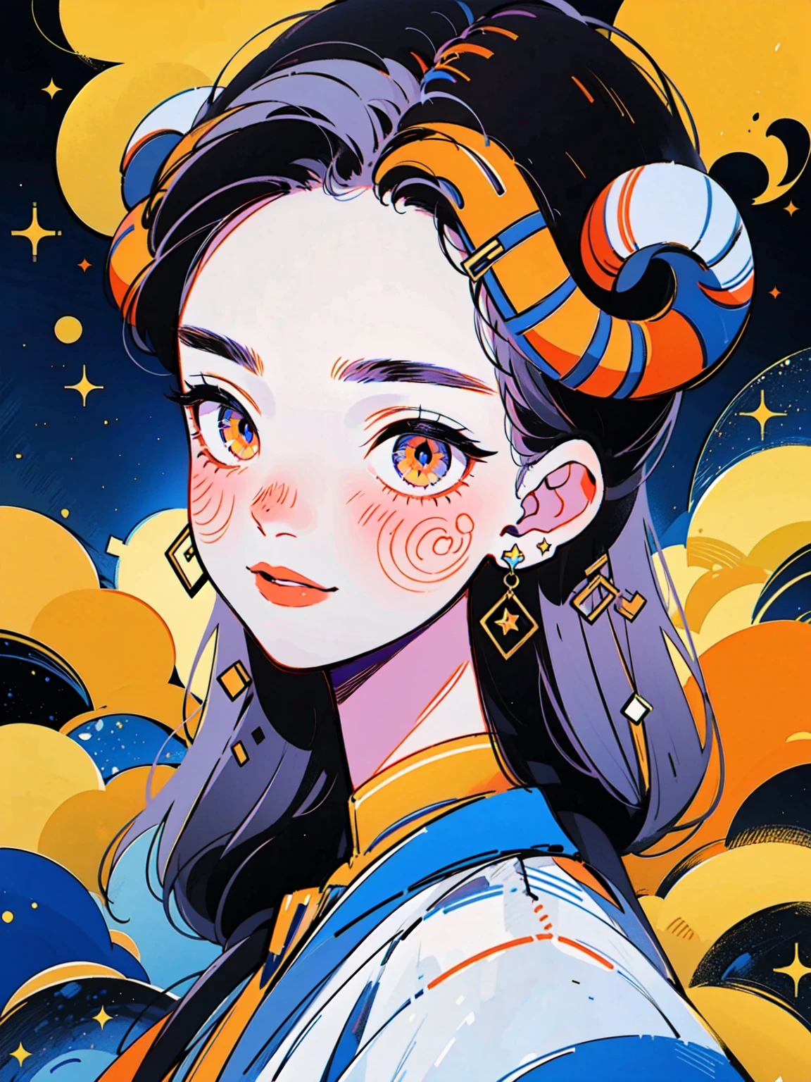 4lb1n0, 1girl, galaxy purple hair, Big eyes, Flower pattern on eyes, Pupil shape, glowing supernova orange eyes, meteor earrings, starry night dress, metallic bronze lipstick, portrait with a daring smile, nebula background, masterpiece, best quality, cut3h0rnstyl3, looking to the side, horns, (Celestial Adventurer)
