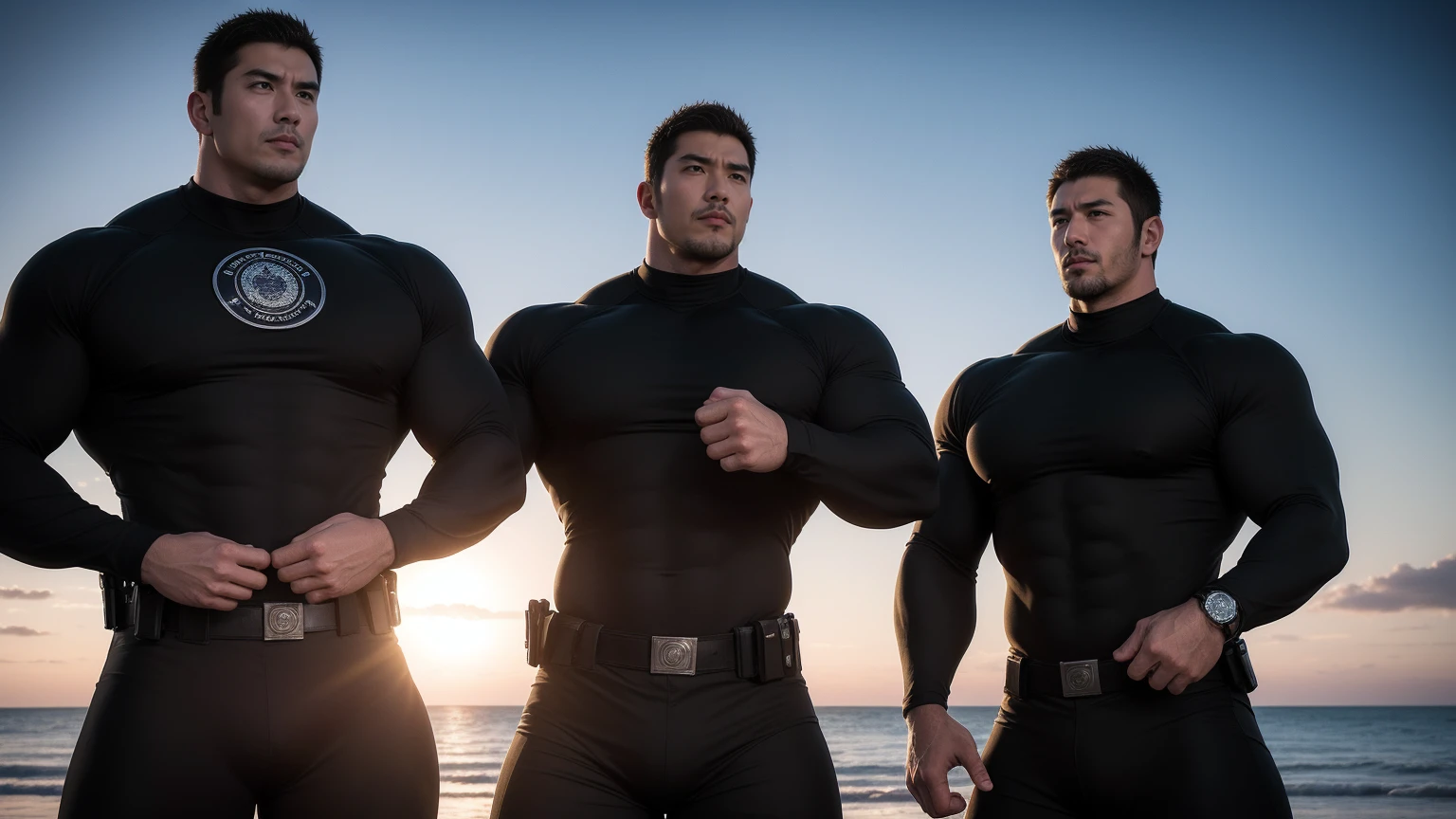 Super muscular man hugging,  Open your mouth and scream，Look at each other affectionately，They embrace affectionately，short hair，Beach under the scorching sun, Wear long sleeves, Deep turtleneck bodysuit, Thickened warm elastic texture，Beach by the sea，beautiful landscape，The expression is arrogant, Thick thighs, messy hair, Thick thighs, High-necked long-sleeved dark yellow high-necked tights, very tight, Regular symmetrical pattern, Highlight muscles, Police uniform pants, character concept（Resident Evil - chris redfield, chris redfield）A proud expression, Deep and charming eyes, Valiant male pose, tall Burly, muscular！muscular thighs, Tough Guy, Perfect facial features, High, Burly, Heqiang, Super exquisite and cool, High Resolution Committee, Attractive, The sun is blazing, Dazzling