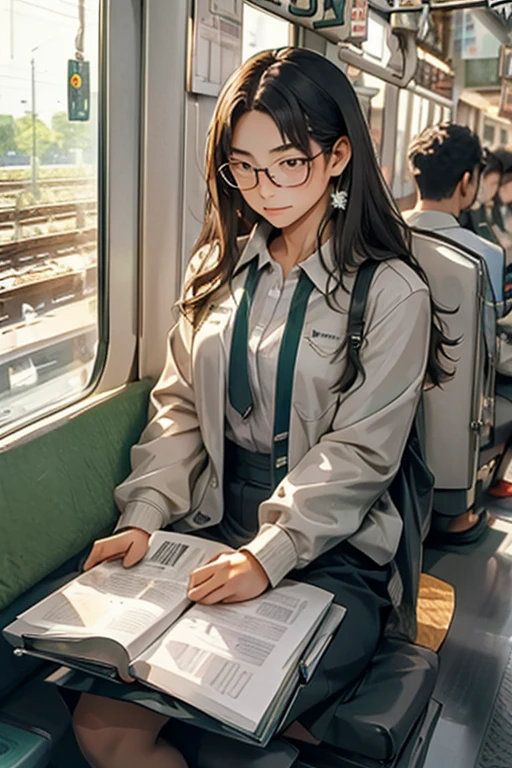 highest quality、masterpiece、High sensitivity、High resolution、detailed、Glasses、Looking up、Embarrassed face、Shyly、Sitting on the train、