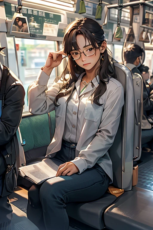 highest quality、masterpiece、High sensitivity、High resolution、detailed、Glasses、Looking up、Embarrassed face、Shyly、Sitting on the train、