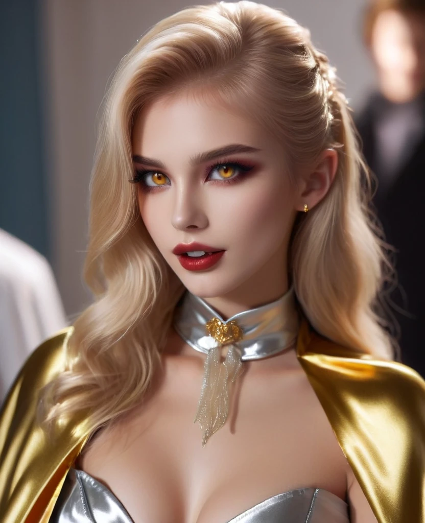 Vampyfangs1 , (RAW photo) , (detailed eyes:1.10) , (insane details), cute, 20 years old, long blonde hair in a high ponytail , ((((glossy silver and gold lined satin cape tied at the neck)))+++, ((naked:1.20))++ , sitting on a bed, masturbating, photo, realistic, best quality, hires, detailed face, 
detailed background, Full body shot , depth of field, bokeh