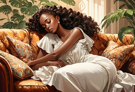 A young African lady fainted on a sofa,  (masterpiece best quality:1.2) delicate illustration ultra-detailed, indoor