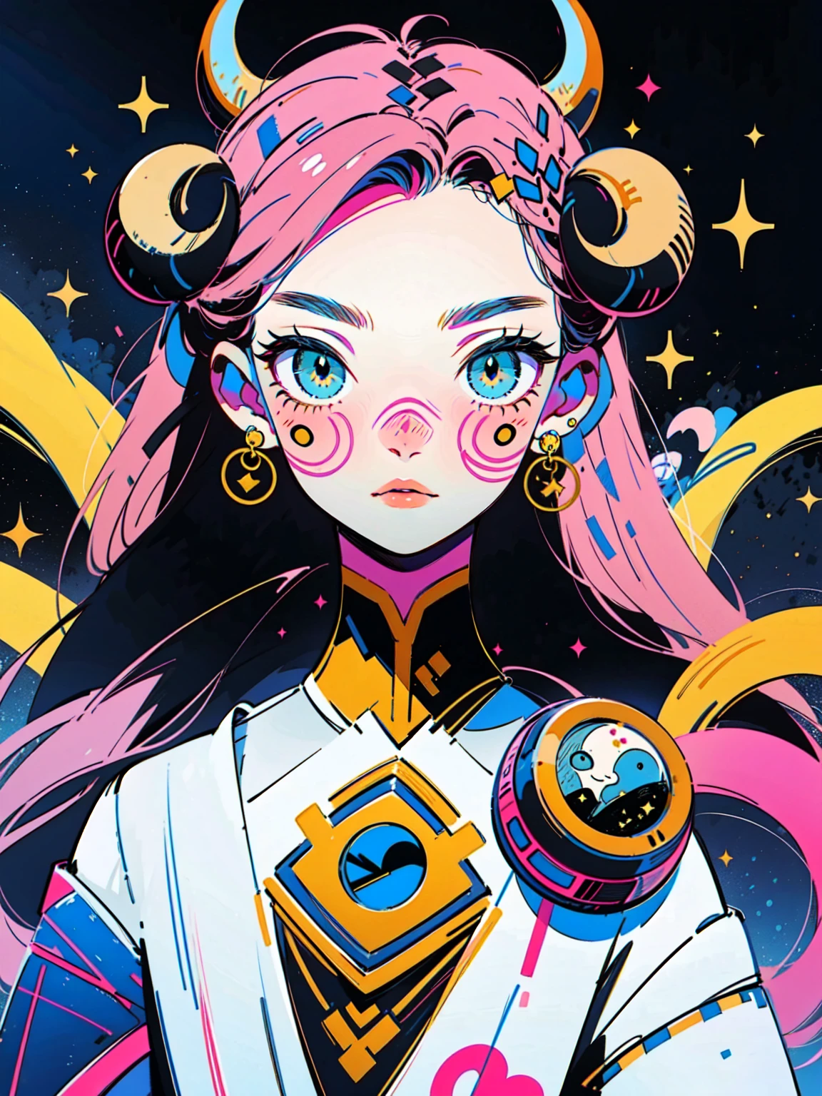 4lb1n0, 1girl, cosmic pink hair, Big eyes, Flower pattern on eyes, Pupil shape, glowing asteroid green eyes, cosmic dust earrings, celestial armor, glossy fuchsia lips, portrait with determined expression, asteroid field background, masterpiece, best quality, cut3h0rnstyl3, looking down, horns, (Space Warden)

