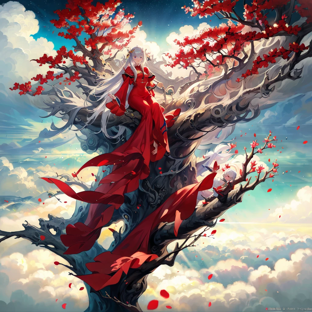 (masterpiece:1.2),best quality,PIXIV,Elaina,Chinese weddingdress,1girl,long hair,dress,branch,red dress,cloud,sky,petals,tree,red eyes,sitting,chinese clothes,white hair,flower,smile,