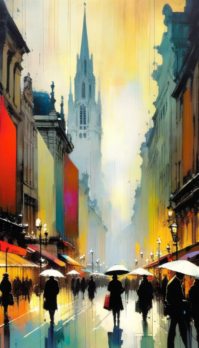 a cidade movimentada, inspirado em Bruxelas (arte inspirada em Bill Sienkiewicz). pintura a óleo, detalhes de pinceladas que aumentam a profundidade)
