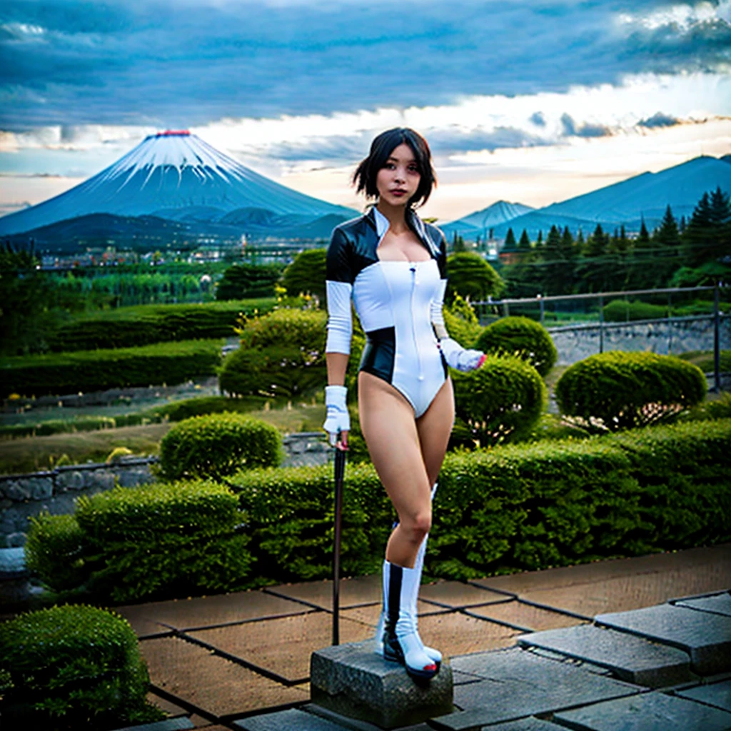 (masterpiece, best quality:1.2), 1girl, solo t, Feudal Japan, Mount Fuji, (Japanese garden exterior:1.1) background, dark mysterious lighting, shadows, magical atmosphere, dutch angle,