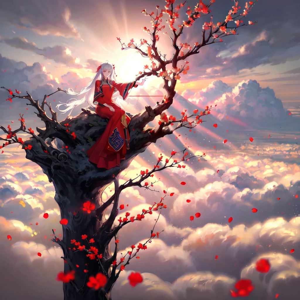 (masterpiece:1.2),best quality,PIXIV,Elaina,Chinese weddingdress,1girl,long hair,dress,branch,red dress,cloud,sky,petals,tree,red eyes,sitting,chinese clothes,white hair,flower,smile,Red and black kimono、Lonely look