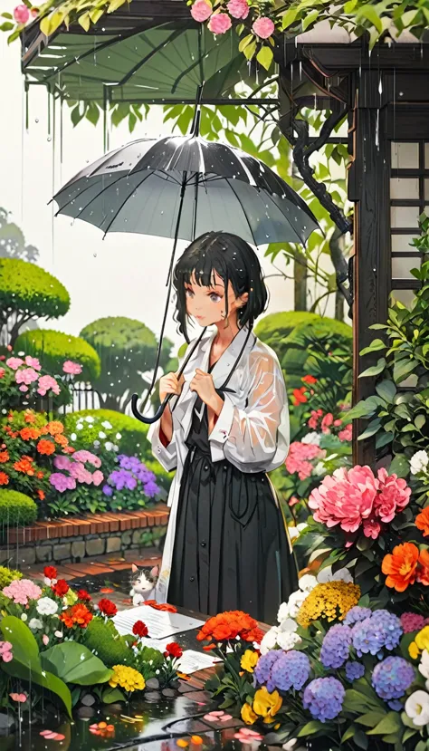 1 girl, Black Short Hair, umbrella, Find a wet and shivering kitten, garden, rain, How to cut paper