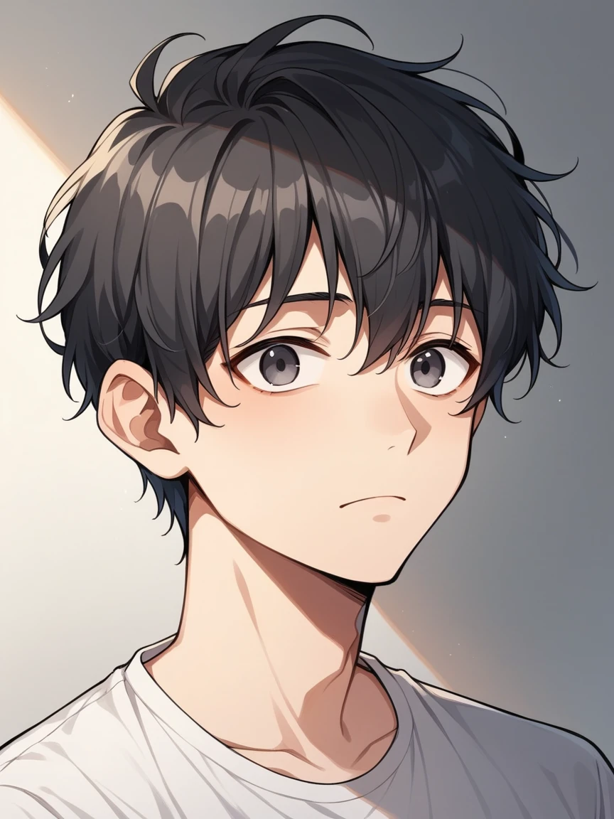 masterpiece, highest quality, Anime Style,Icon Style, 1 person, A quiet and attractive young man, Age 25, Highly detailed face, ((Dark grey eyes)), ((Dark hair parted in the center、Short Hair)),, ((Casual clothing)),background:white、Droopy eyes