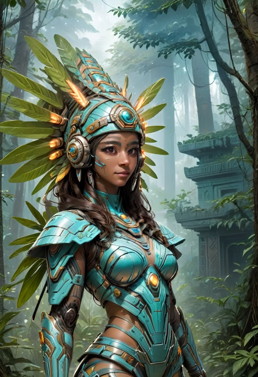 A youthful Latina woman, standing in the forest, with Mayan temples behind her. She is dressed in ancestral fashion with a futuristic modern style. Her headdress is like an ancient Aztec sculpture but with advanced tech, headphones headdress, aztec-mayan headdress, and LED lights. The year is 2222. She is set in a retro-futuristic world, surrounded by mystical sparkles that resemble blue-white blinking fireflies. The fusion of mystery and ancestry with advanced technology creates a unique atmosphere. Myan temples on in the distance. She is wearing a backpack and is shown from the waist up, heading to out on a quest to learn about ancient wisdom and new technology."
