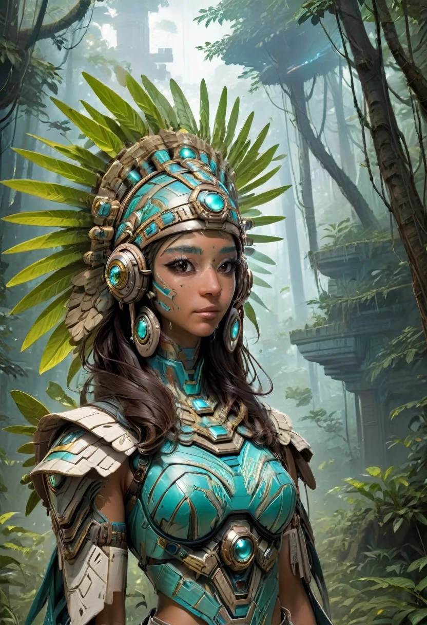 Uma jovem latina, parado na floresta, com templos maias atrás dela. Ela está vestida com moda ancestral com estilo moderno futurista. Seu cocar é como uma antiga escultura asteca, mas com tecnologia avançada, cocar de fones de ouvido, cocar asteca-maia, e luzes LED. O ano é 2222. Ela se passa em um mundo retro-futurista, cercado por brilhos místicos que lembram vaga-lumes azul-esbranquiçados piscando. A fusão de mistério e ancestralidade com tecnologia avançada cria uma atmosfera única. Templos de Myan à distância. Ela está usando uma mochila e é mostrada da cintura para cima, saindo em uma missão para aprender sobre a sabedoria antiga e as novas tecnologias."
