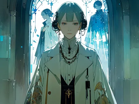 Harry Clarke style,(Ashley Wood Style:1.4),
(Double Exposure:1.4) A female doctor in a white coat with a dignified expression。