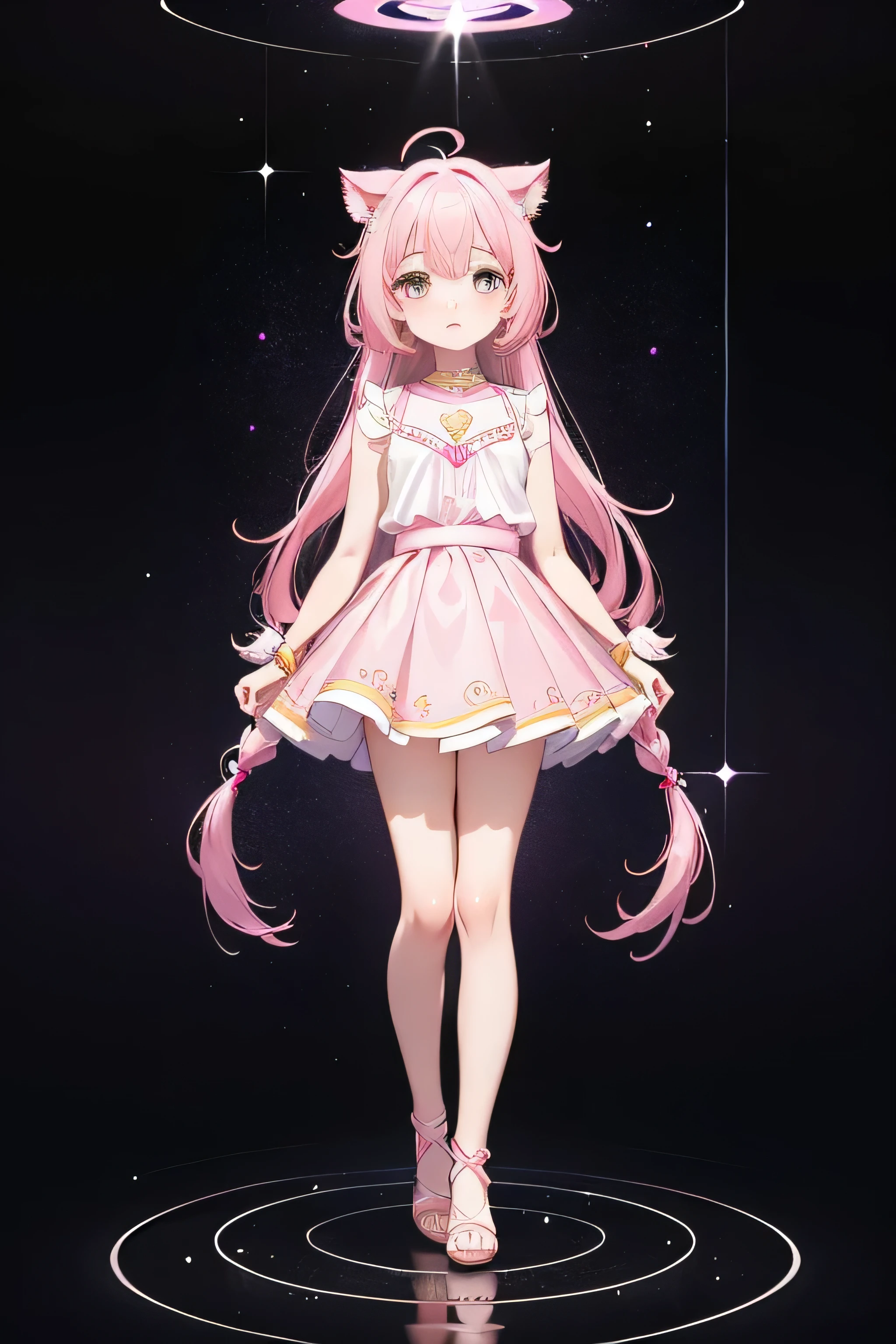 Magical girl standing on a reflective floor, 
highest quality, masterpiece, High resolution, Very detailed, Fine skin, Complex eyes, Accurate and perfect anatomy, 
11 year old beautiful girl, Pink Hair, 
Sleeveless outfit(Pink mini skirt, White blouse), Bare thighs, Barely sandal-like shoes,
The floor reflects light like a mirror, Large space, A space without walls, 