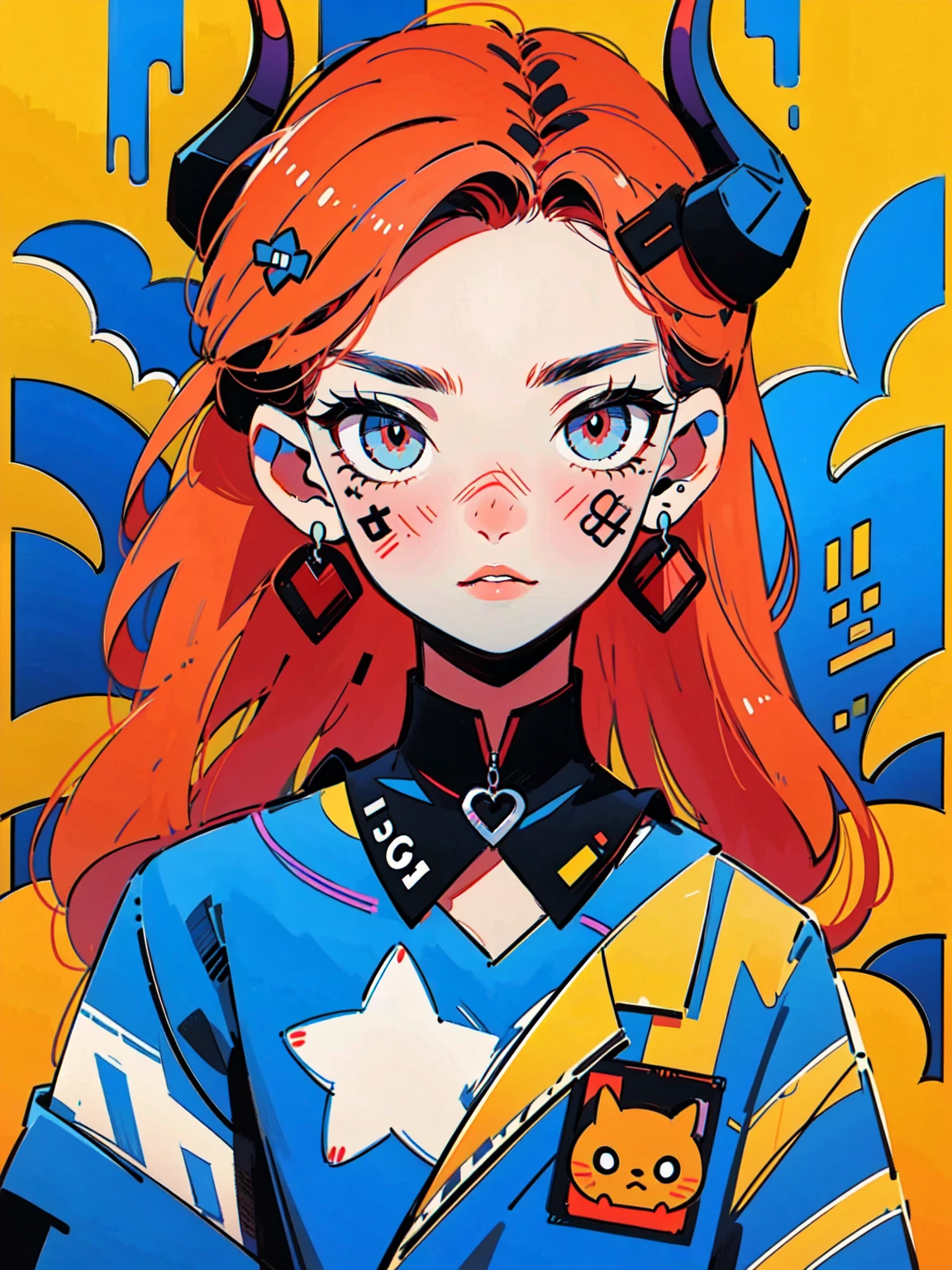 4lb1n0, 1girl, fiery red hair, Big eyes, Flower pattern on eyes, Pupil shape, glowing amber eyes, boombox earrings, denim jacket with patches, glossy crimson lips, portrait with rebellious look, graffiti wall background, masterpiece, best quality, cut3h0rnstyl3, looking down, horns, (Punk Demon)

