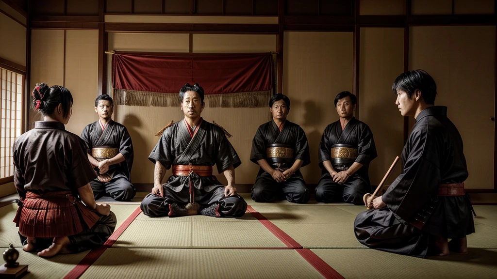 Динамичная сцена, изображающая группу самураев в традиционной японской обстановке.. Центральная фигура — суровый вождь самураев в красно-черных доспехах., сидеть и читать свиток с сосредоточенным вниманием. перед ним, коленопреклоненная фигура в почтительной позе представляет еще один свиток. За спиной лидера, несколько самураев в полных черных доспехах стоят в ряд, держа оружие, создание ощущения официального собрания. На заднем плане изображен традиционный японский интерьер с деревянными элементами и баннерами.. Атмосфера серьезная и напряженная., отражающее важную стратегическую встречу.

