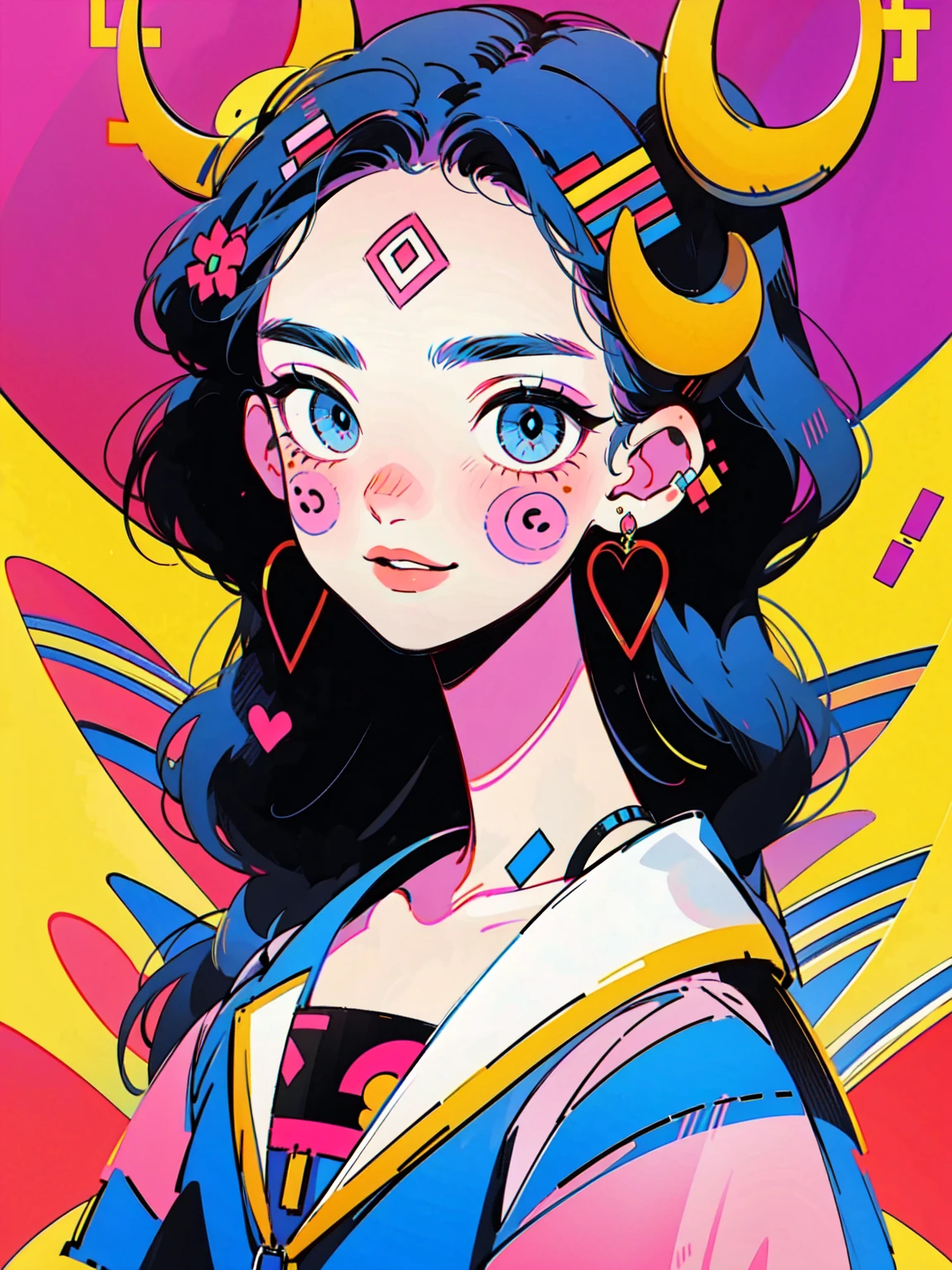 4lb1n0, 1girl, neon blue hair, Big eyes, Flower pattern on eyes, Pupil shape, glowing hot pink eyes, triangle earrings, sequined jacket, metallic pink lipstick, portrait with an exuberant smile, retro arcade background, masterpiece, best quality, cut3h0rnstyl3, looking to the side, horns, (Arcade Demon)

