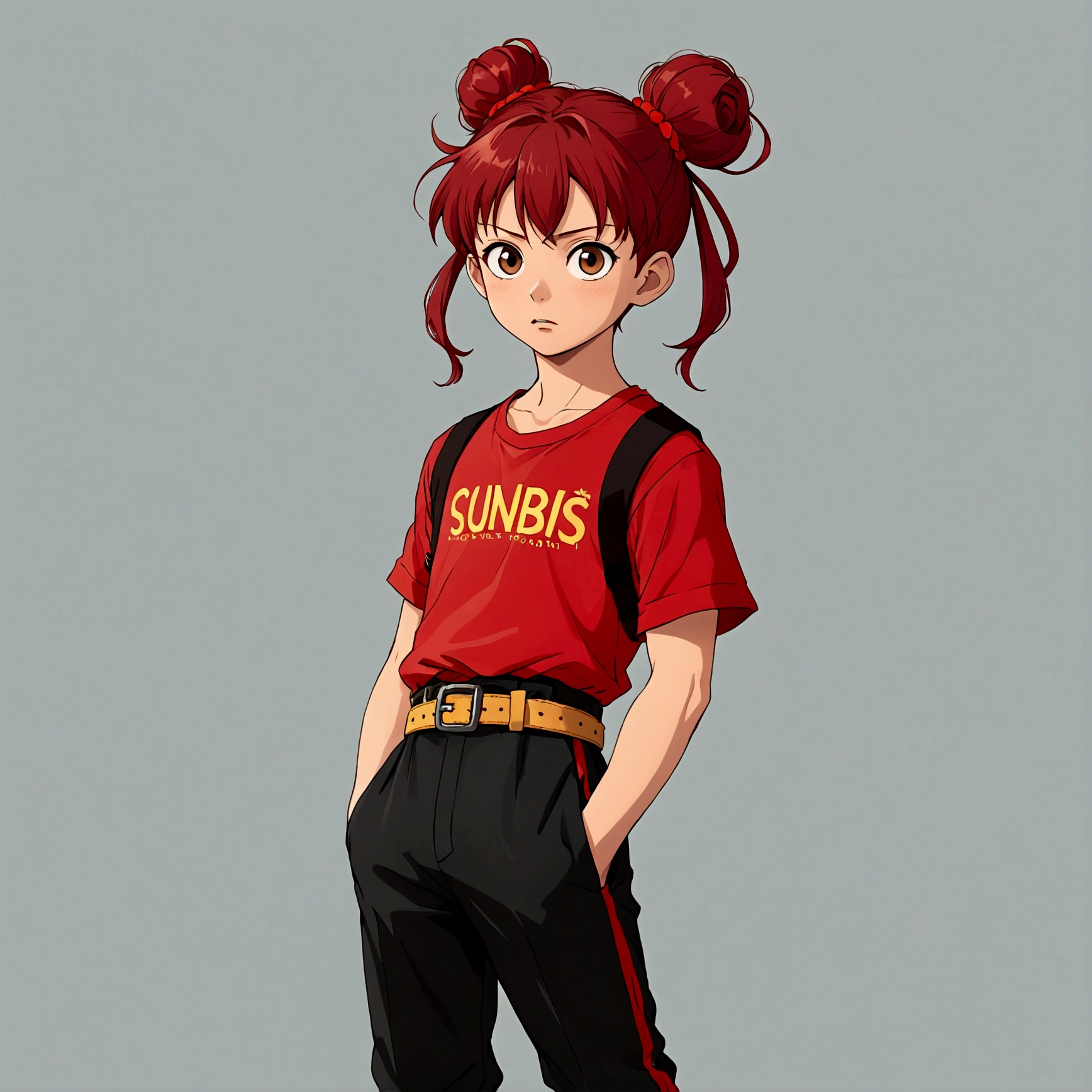 1boy，Cartoon Characters，Double bun，Red hair band，Red shirt，belt，Black pants，barefoot，solo