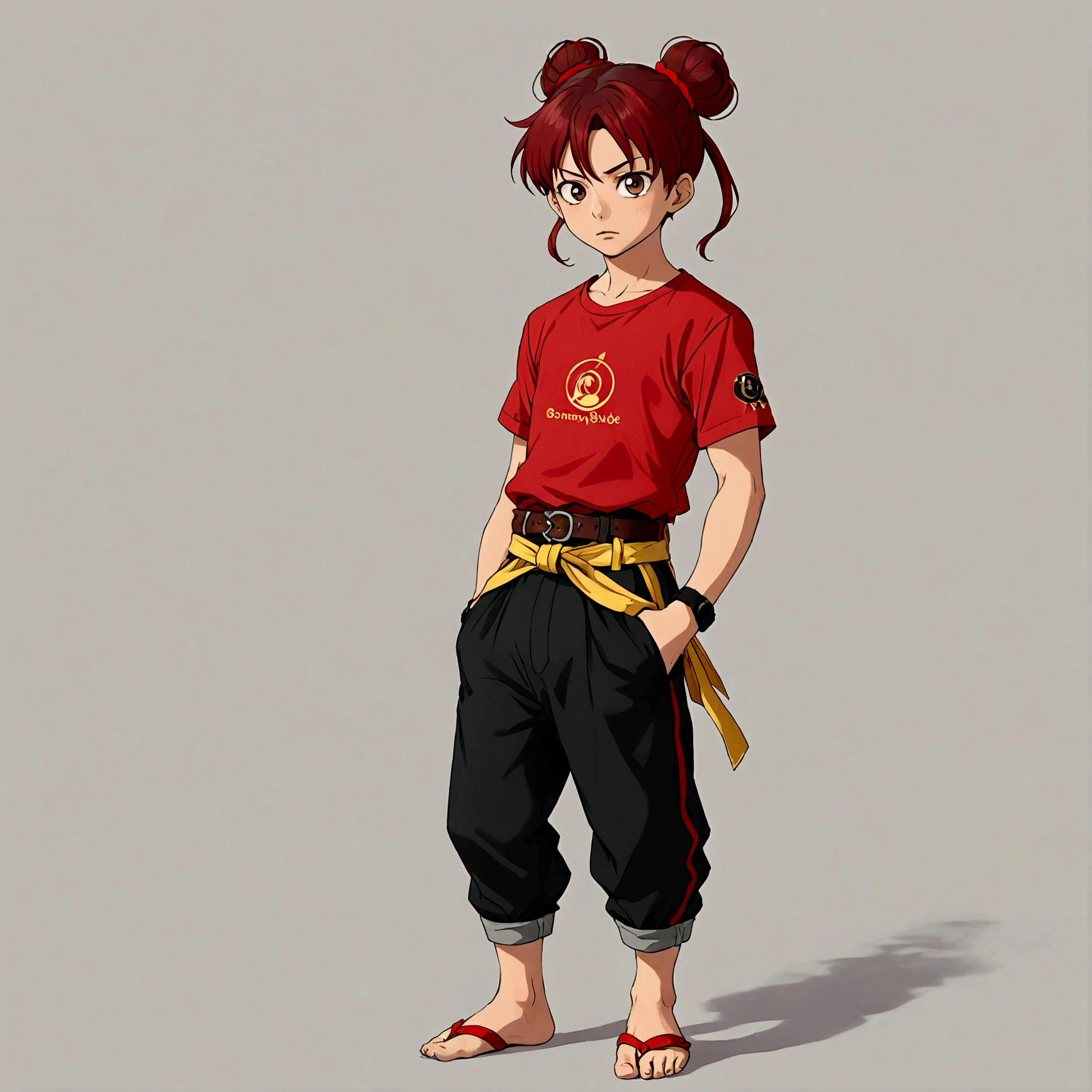 1boy，Cartoon Characters，Double bun，Red hair band，Red shirt，belt，Black pants，barefoot，solo