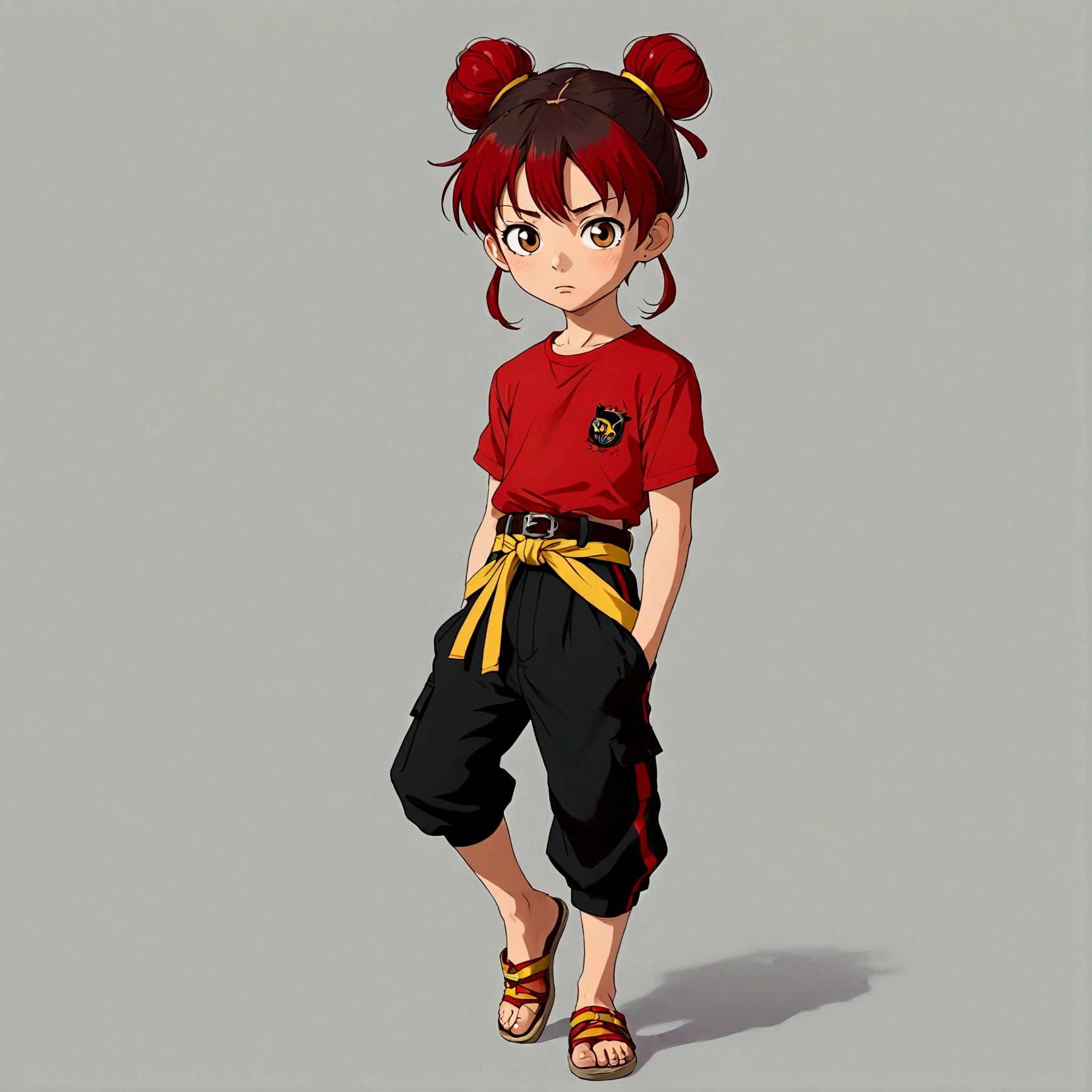 1boy，Cartoon Characters，Double bun，Red hair band，Red shirt，belt，Black pants，barefoot，solo