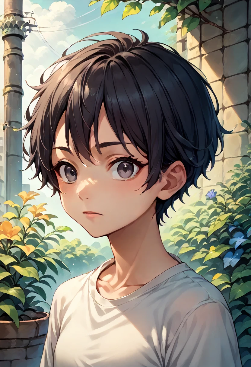 masterpiece, highest quality, Anime Style,Icon Style, 1 person,Atmospheric, Age 25, Highly detailed face, ((Dark grey eyes)), ((Dark hair parted in the center、Short Hair)),, ((Casual clothing)),background:white