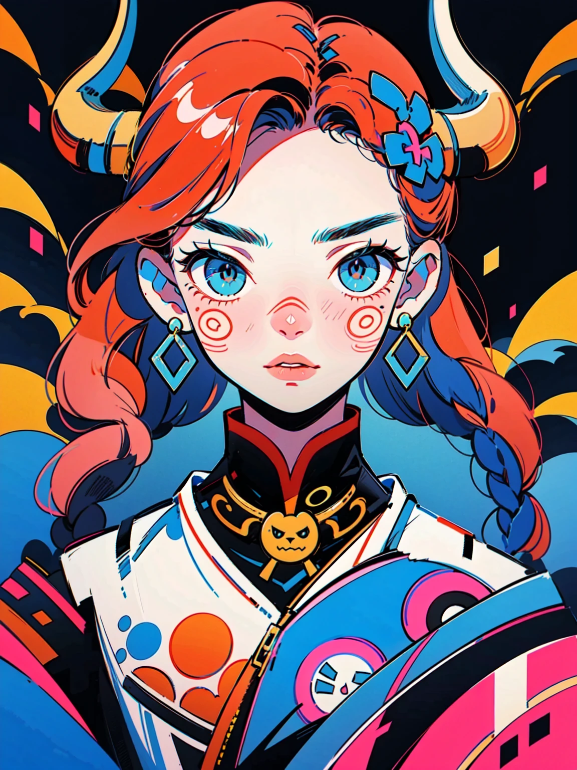 4lb1n0, 1girl, vibrant red hair, Big eyes, Flower pattern on eyes, Pupil shape, glowing turquoise eyes, chunky gold earrings, shoulder-padded blazer, matte coral lips, portrait with a bold pose, synthesizer background, masterpiece, best quality, cut3h0rnstyl3, facing forward, horns, (Synthwave Demon)

