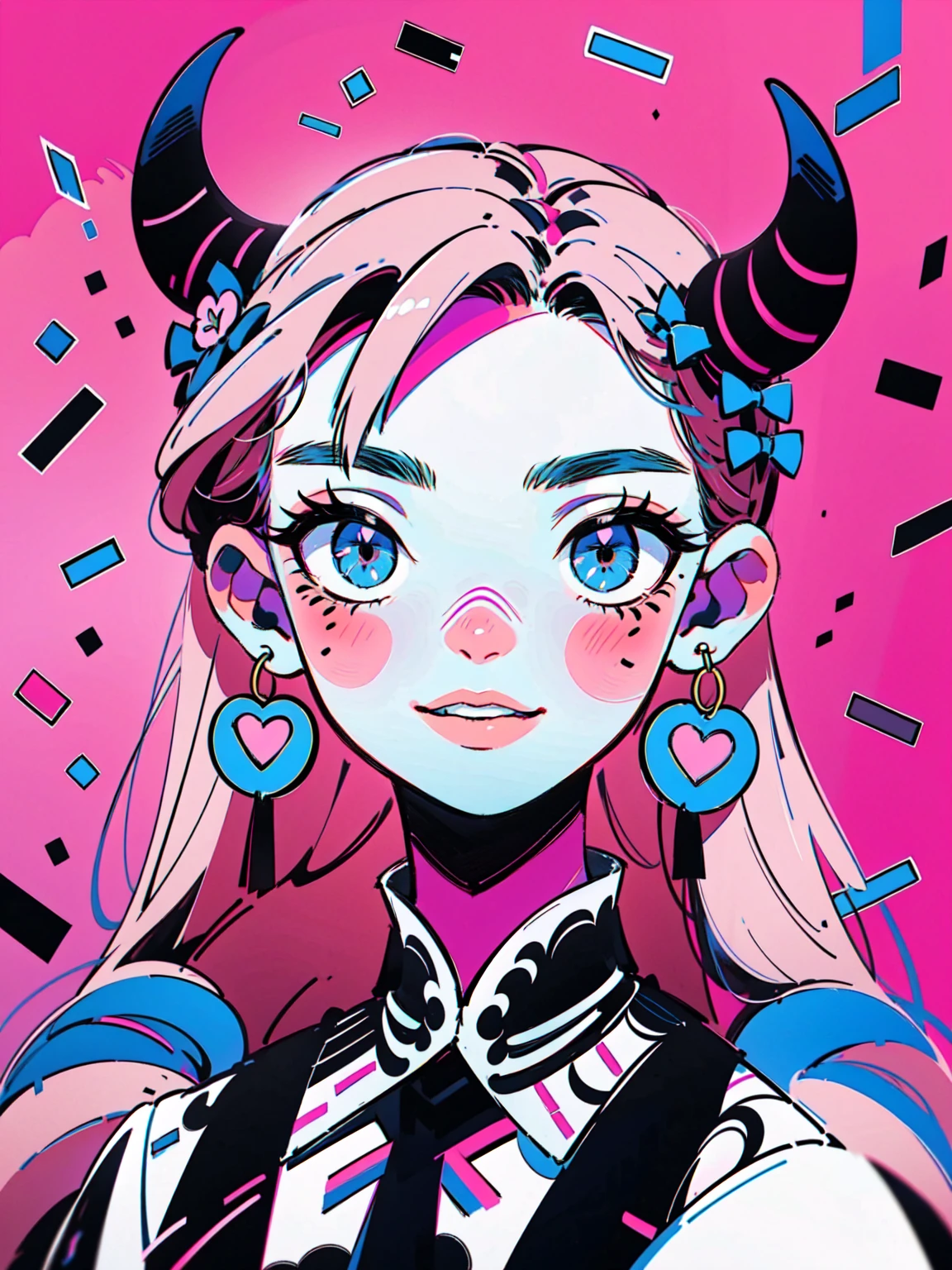 4lb1n0, 1girl, pastel pink hair, Big eyes, Flower pattern on eyes, Pupil shape, radiant lavender eyes, oversized hoop earrings, frilly lace top, metallic pink lipstick, portrait with a sweet smile, pastel dreamscape background, masterpiece, best quality, cut3h0rnstyl3, looking over shoulder, horns, (Candy Demon)

