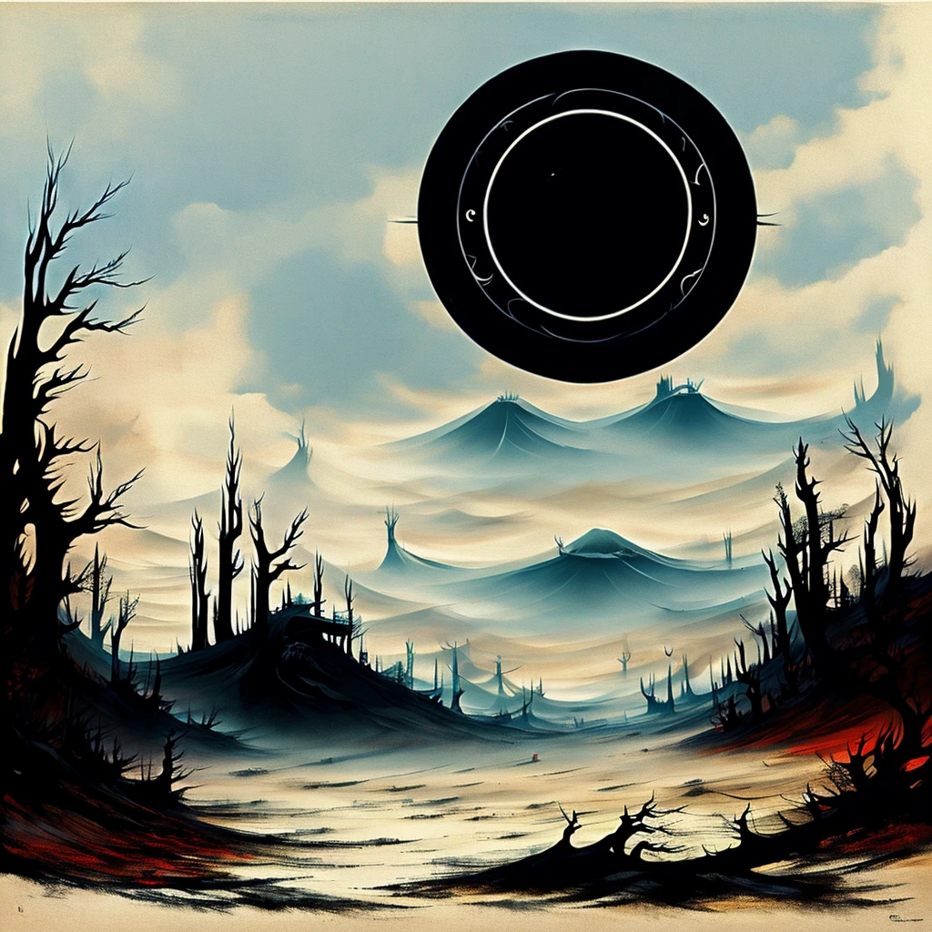 create a paradisiacal setting with dead trees, a black sun and specters of smoke