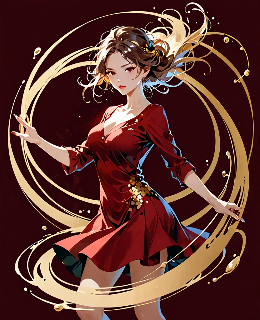 1 girl(offhand)abstract,Splashes of golden color swirling in circles,dark red background