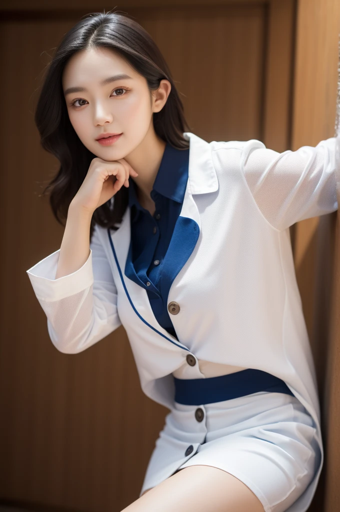 (傑作, 最高品質), 1人の女の子, 美しい若い韓国人女性, 着用 (開いた白衣, ボタンダウンの白いブラウス, ダークブルーのスカート, ストッキング), 指の笑顔, (カウボーイショット), 非常に詳細な顔と目, 詳細な顔の特徴, 複雑な詳細, 現実的, photo現実的, photo-現実的:1.37, 最高品質, 8K, 傑作:1.2, 非常に詳細な, 鮮やかな色彩, スタジオ照明, 物理ベースレンダリング, ((完璧な顔))