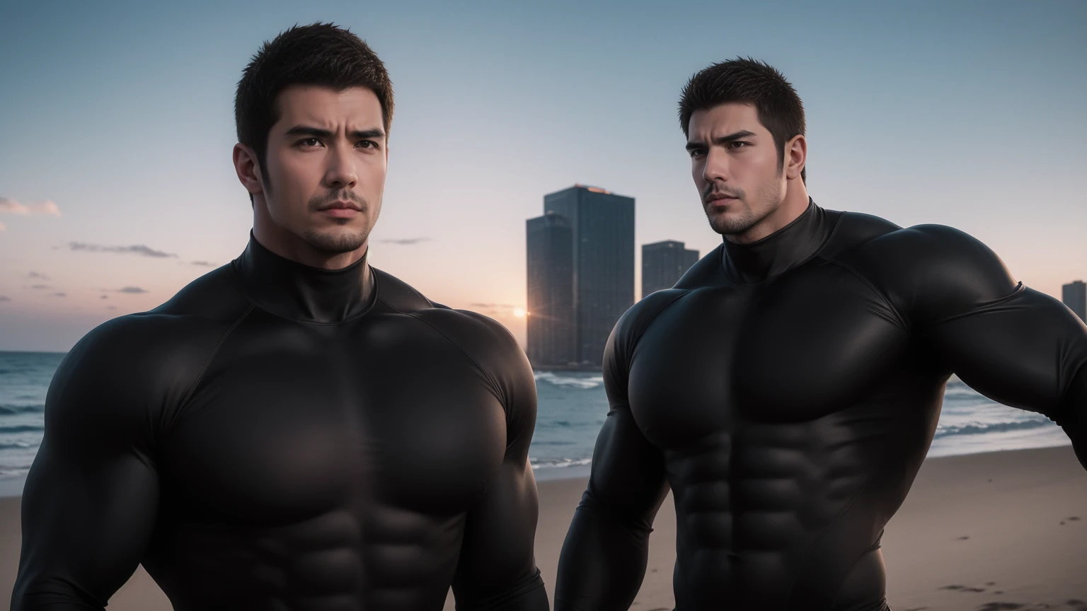 Super muscular man hugging,  Open your mouth and scream，Look at each other affectionately，They embrace affectionately，short hair，Beach under the scorching sun, Wear long sleeves, Deep turtleneck bodysuit, Thickened warm elastic texture，Beach by the sea，beautiful landscape，The expression is arrogant, Thick thighs, messy hair, Thick thighs, High-necked long-sleeved dark yellow high-necked tights, very tight, Regular symmetrical pattern, Highlight muscles, Police uniform pants, character concept（Resident Evil - chris redfield, chris redfield）A proud expression, Deep and charming eyes, Valiant male pose, tall Burly, muscular！muscular thighs, Tough Guy, Perfect facial features, High, Burly, Heqiang, Super exquisite and cool, High Resolution Committee, Attractive, The sun is blazing, Dazzling