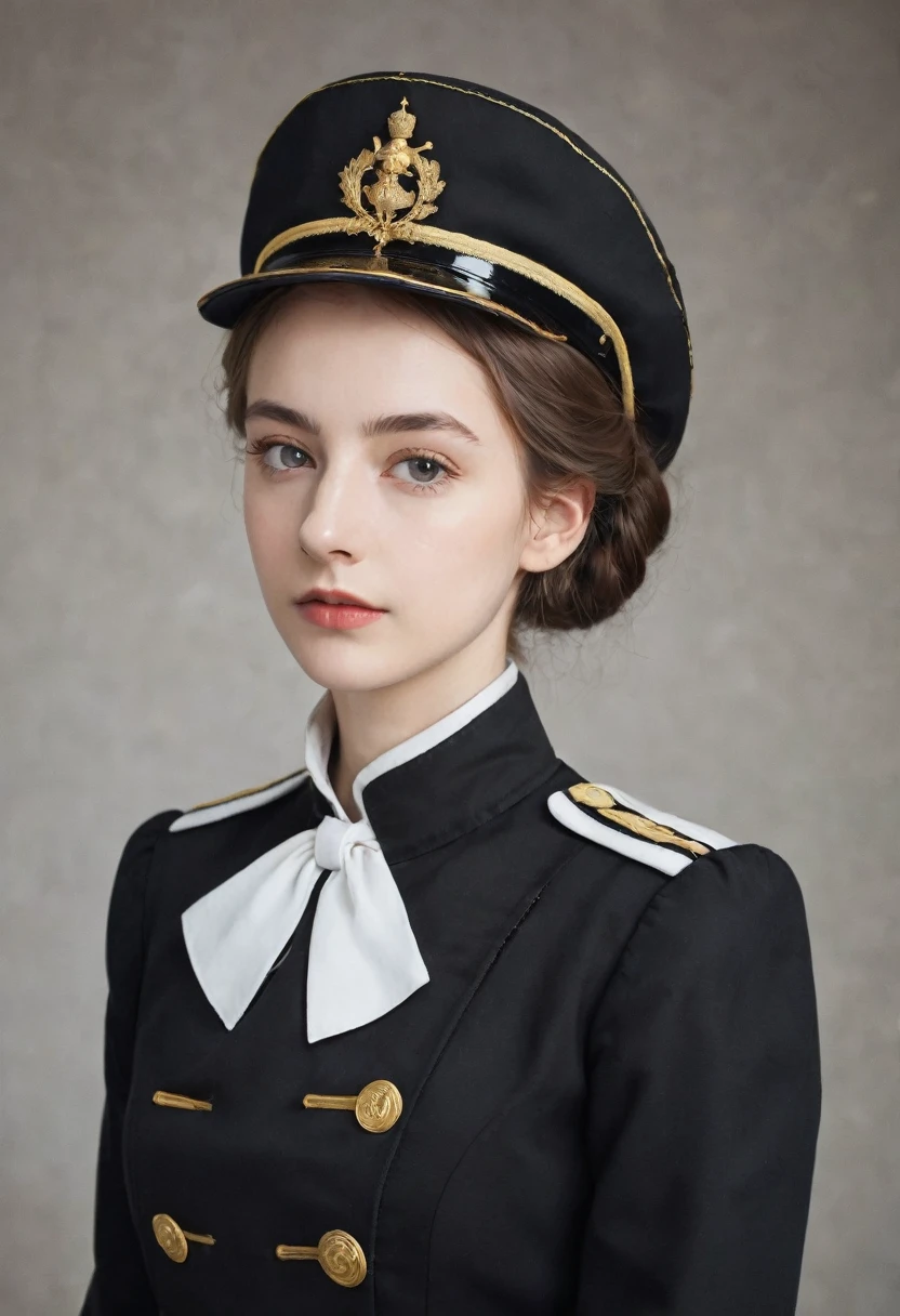 uma mulher posando com um uniforme preto e brancoe, retrato de Emma Andijewska, estilo barroco, Vestindo um terno aristocrático preto, gola de marinheiro larga e larga, uniforme militare, uniforme escolare, garota de uniformee, principal's uniforme, black uniforme militare, Uniforme feminino de marinheiroe, uniforme, Vestindo um terno sério