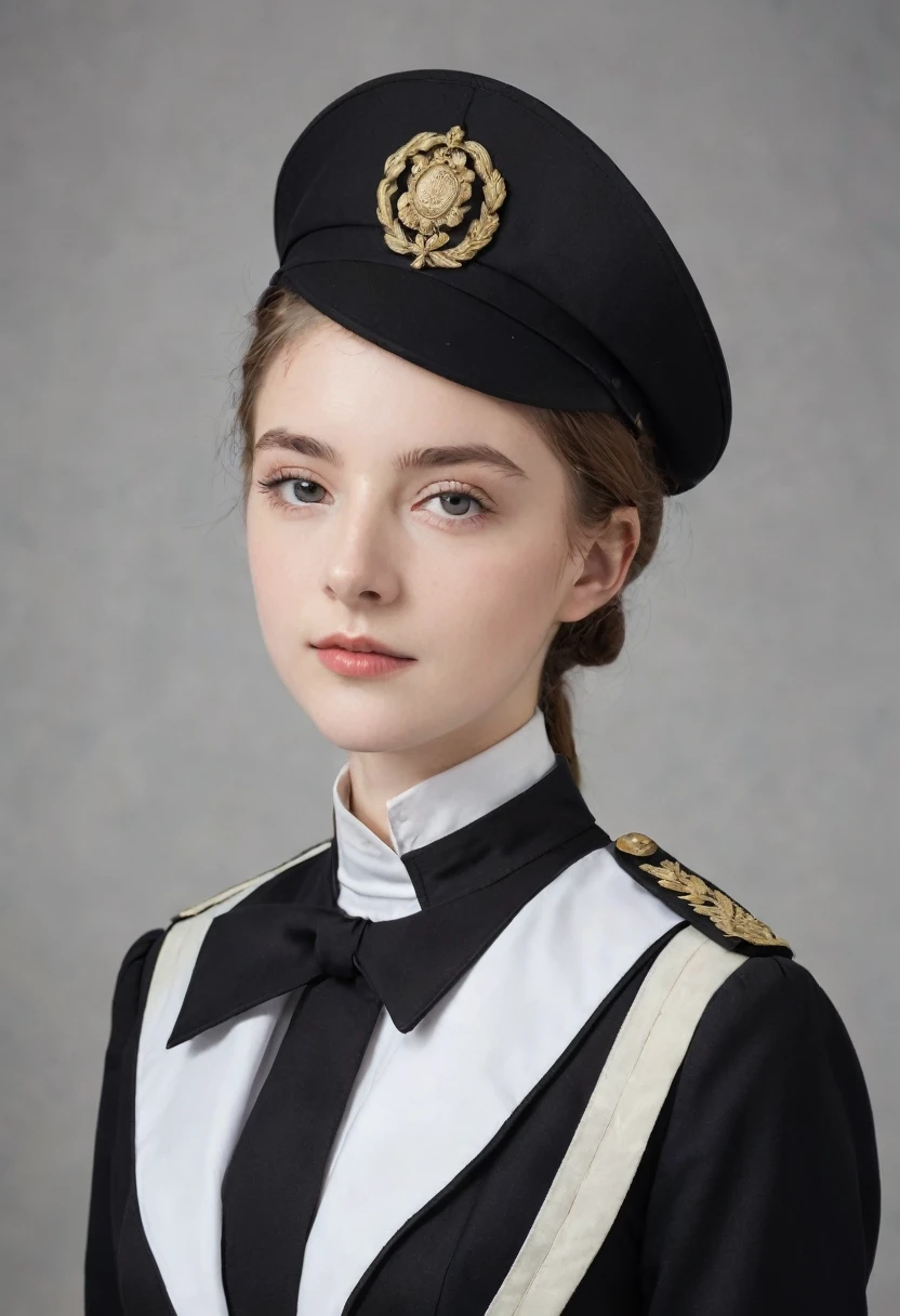 uma mulher posando com um uniforme preto e brancoe, retrato de Emma Andijewska, estilo barroco, Vestindo um terno aristocrático preto, gola de marinheiro larga e larga, uniforme militare, uniforme escolare, garota de uniformee, principal's uniforme, black uniforme militare, Uniforme feminino de marinheiroe, uniforme, Vestindo um terno sério