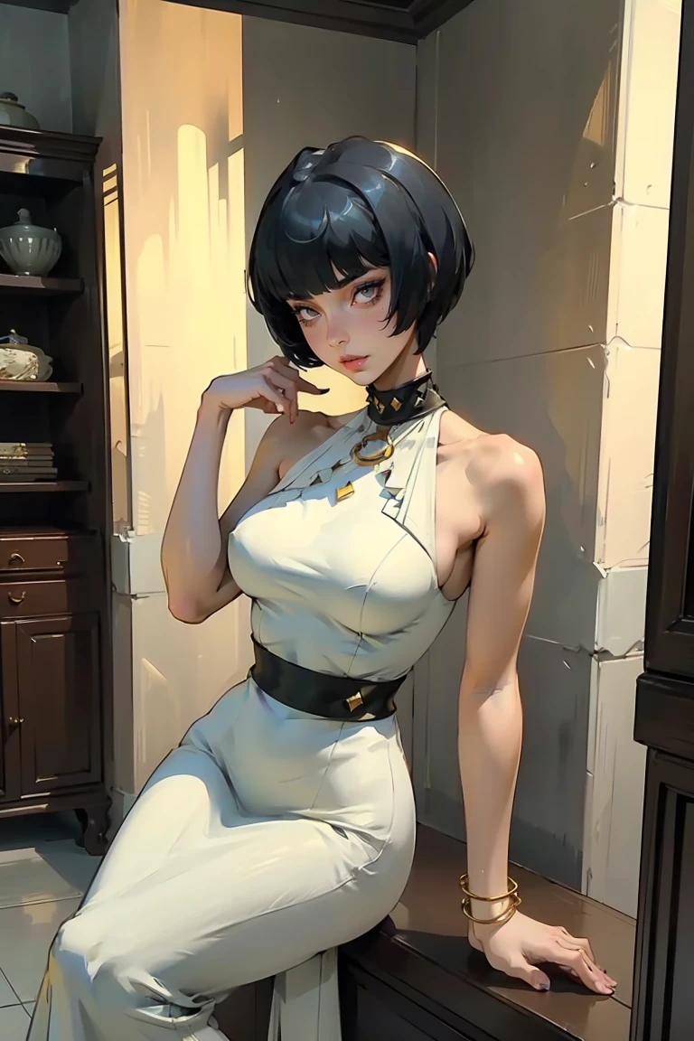 Goddess ((goddess-like woman)), slim elegant silhouette, masterpiece, (close angle), best quality, pale skin, fair skin, sweet face, (masterpiece:1,2, best quality), (real picture, intricate details), (1 lady , solo, medium , slim waistline, ), ((Persona5TaeTakemi)), a woman with short hair, black hair, brown eyes, she has an impressive presence., short hair, bracelet, hoop earrings, jewelry, beautiful face, beautiful eyes, she looks at the viewer, She is wearing a stunningly beautiful golden evening dress and high heels with straps. sweet irresistible smile, elegant pose, elegant hands, beautiful hands, perfect fingers, background: She is standing in a large, elegant entrance hall. Everything in the room looks very expensive.