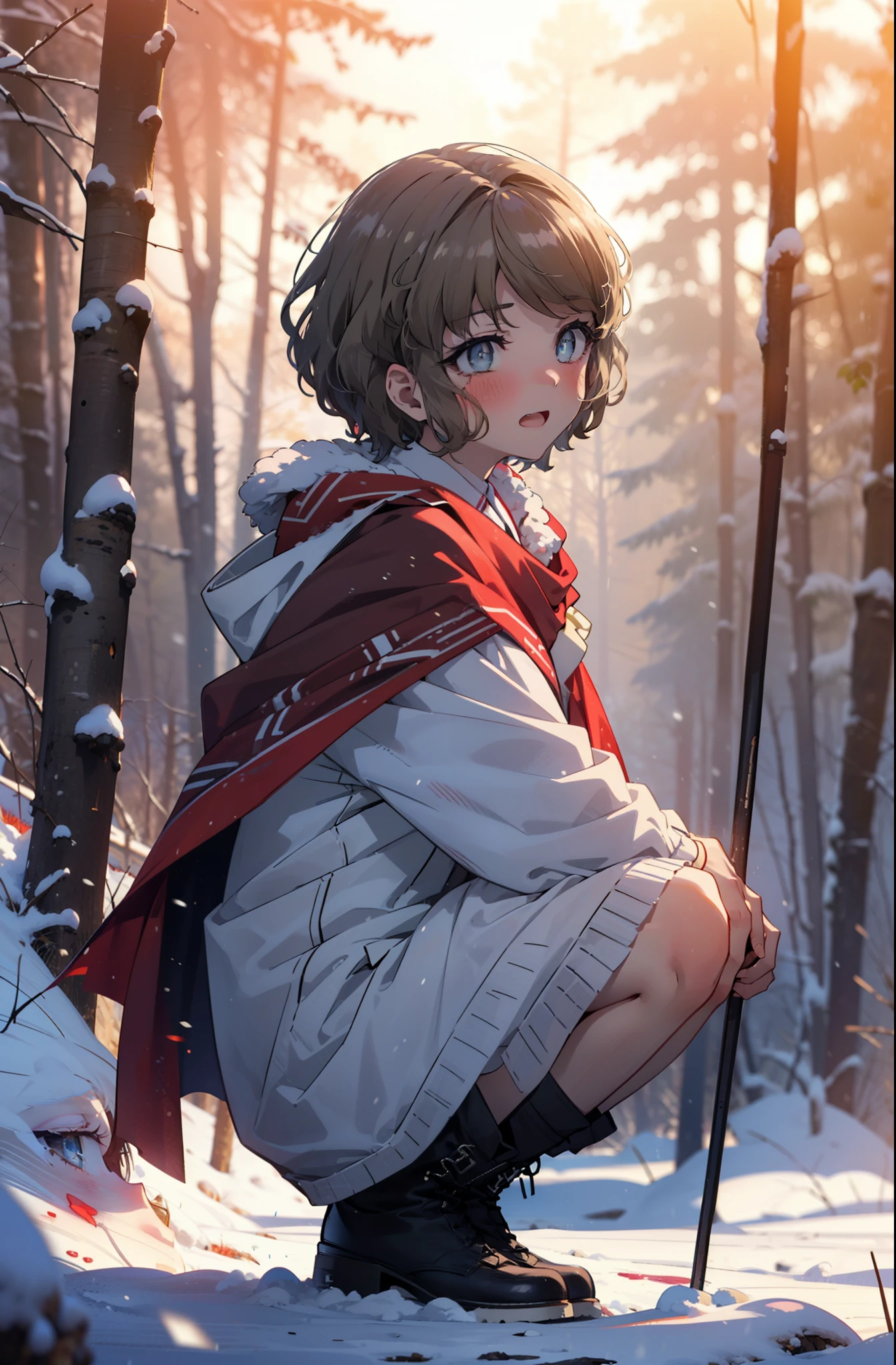 tomoekoga, Chie Koga, short hair, Brown Hair, blue eyes, hair band,smile,blush,White Breath,Mid-chest,
Open your mouth,snow,Ground bonfire, Outdoor, boots, snowing, From the side, wood, suitcase, Cape, Blurred, having meal, forest, White handbag, nature,  Squat, Mouth closed, Cape, winter, Written boundary depth, Black shoes, red Cape break looking at viewer, Upper Body, whole body, break Outdoor, forest, nature, break (masterpiece:1.2), highest quality, High resolution, unity 8k wallpaper, (shape:0.8), (Beautiful and beautiful eyes:1.6), Highly detailed face, Perfect lighting, Highly detailed CG, (Perfect hands, Perfect Anatomy),