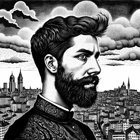 arafed drawing of a man with a beard and a city in the background, a detailed drawing by dan hillier, cg society contest winner,...